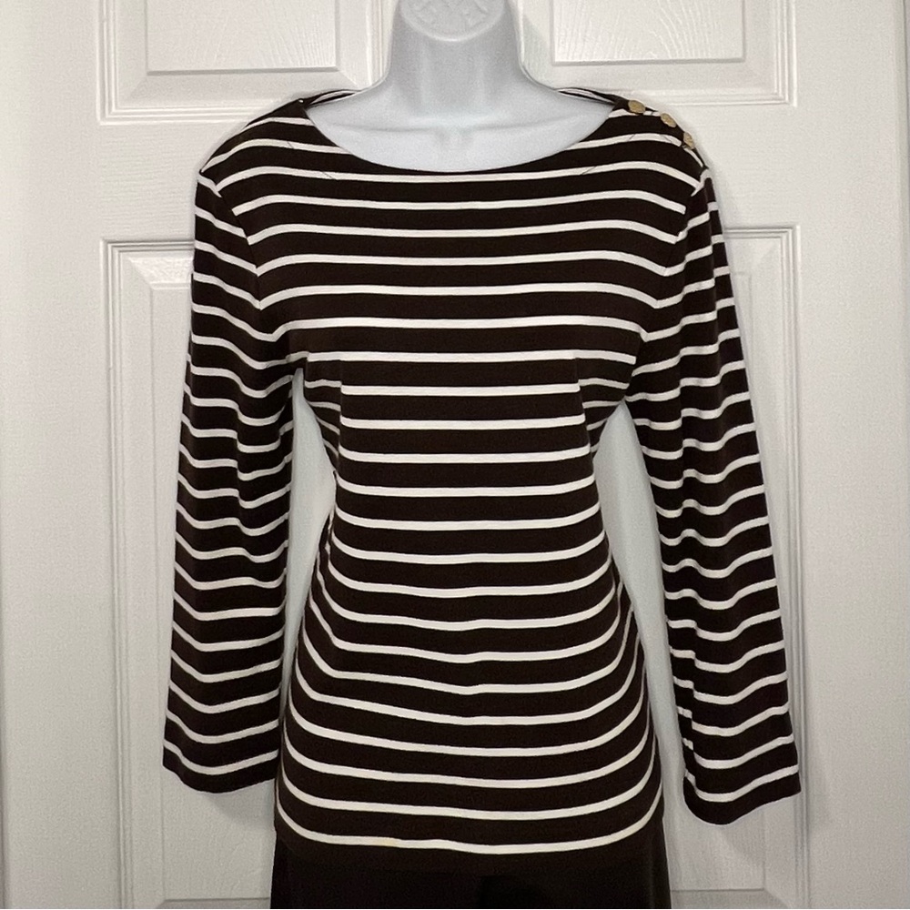Tory Burch Women’s Chocolate + White Striped Cotton Boatneck Blouse w Buttons L